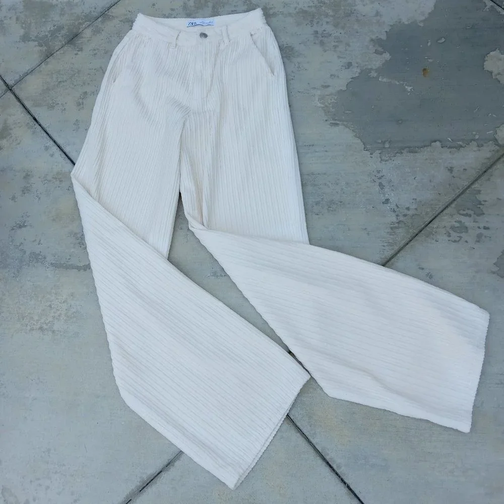 Zara Cream Wide-Leg Textured Trousers - Picture 1 of 9